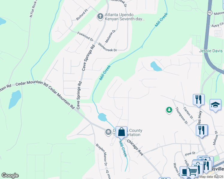 map of restaurants, bars, coffee shops, grocery stores, and more near 7120 Creeksong Drive in Douglasville