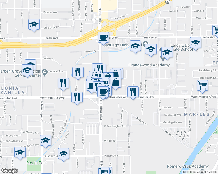 map of restaurants, bars, coffee shops, grocery stores, and more near 13902 Harbor Boulevard in Garden Grove