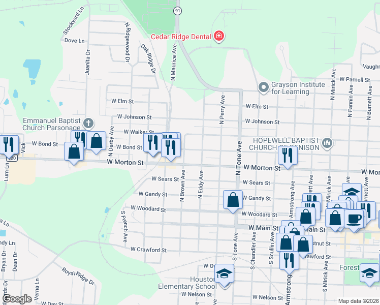 map of restaurants, bars, coffee shops, grocery stores, and more near 1331 West Morton Street in Denison