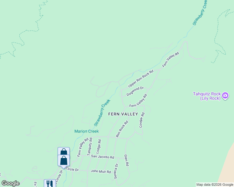 map of restaurants, bars, coffee shops, grocery stores, and more near 24840 Upper Rim Rock Road in Idyllwild-Pine Cove