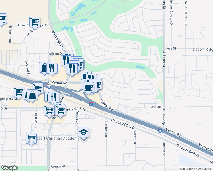 map of restaurants, bars, coffee shops, grocery stores, and more near 78491 Glastonbury Way in Palm Desert