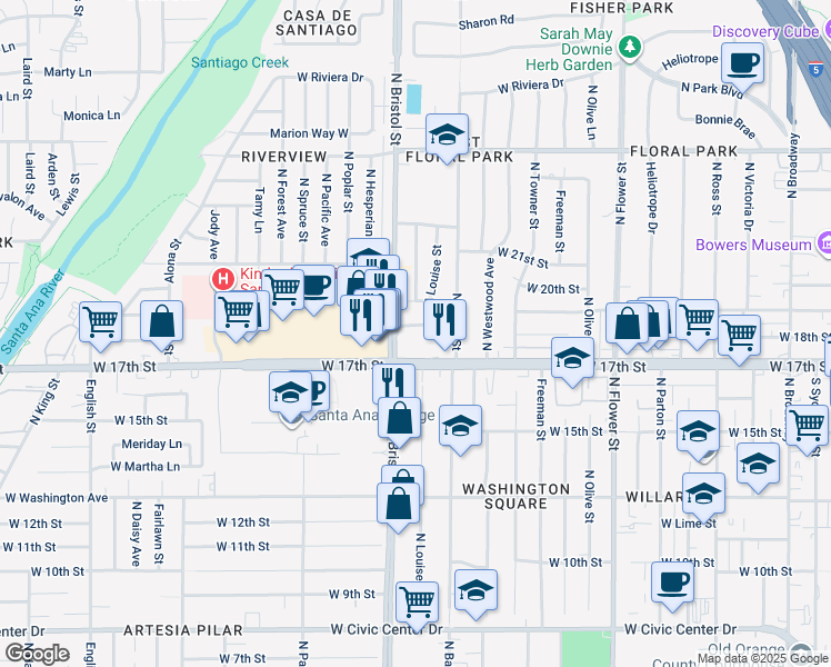 map of restaurants, bars, coffee shops, grocery stores, and more near 1230 West 18th Street in Santa Ana