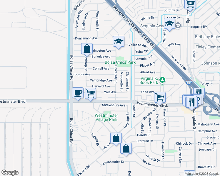map of restaurants, bars, coffee shops, grocery stores, and more near 5352 Yale Avenue in Westminster