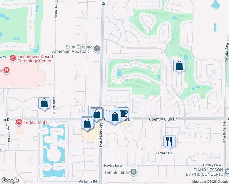 map of restaurants, bars, coffee shops, grocery stores, and more near 227 Corte Sole in Palm Desert