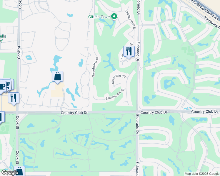 map of restaurants, bars, coffee shops, grocery stores, and more near 39645 Blossom Lane in Palm Desert