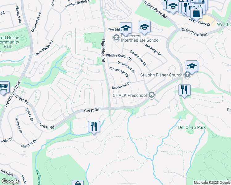 map of restaurants, bars, coffee shops, grocery stores, and more near 20 Seaview Dr S in Rolling Hills Estates