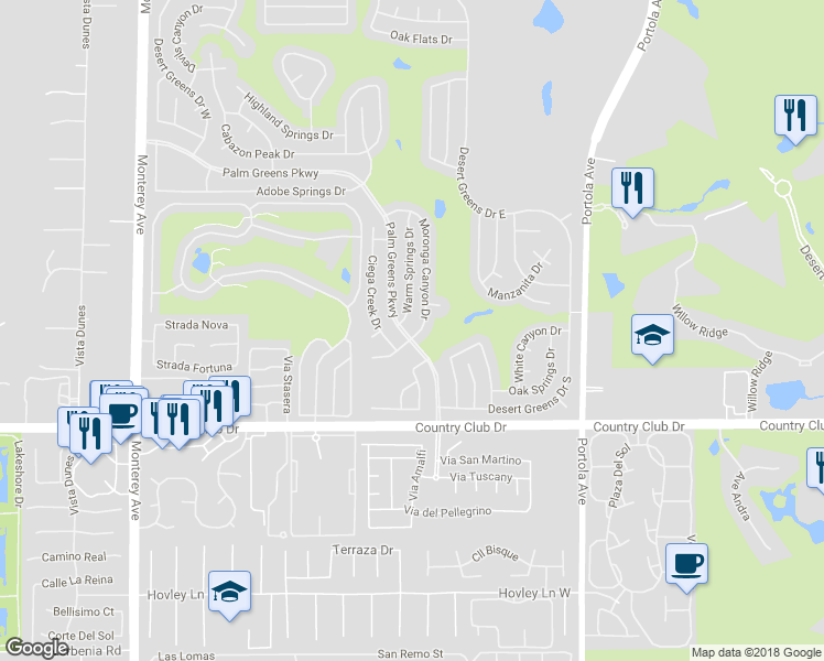 map of restaurants, bars, coffee shops, grocery stores, and more near 39595 Moronga Canyon Drive in Palm Desert