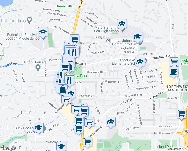 map of restaurants, bars, coffee shops, grocery stores, and more near 1423 West Toscanini Drive in Rancho Palos Verdes
