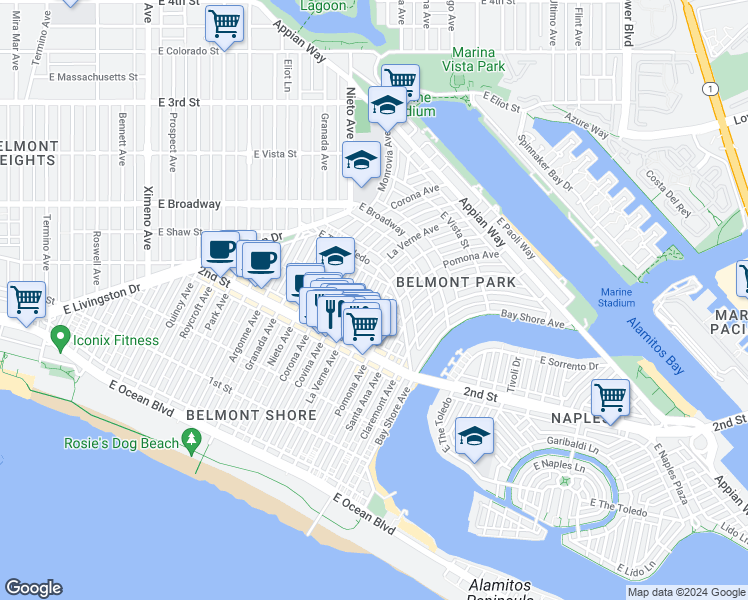 map of restaurants, bars, coffee shops, grocery stores, and more near 235 Glendora Avenue in Long Beach