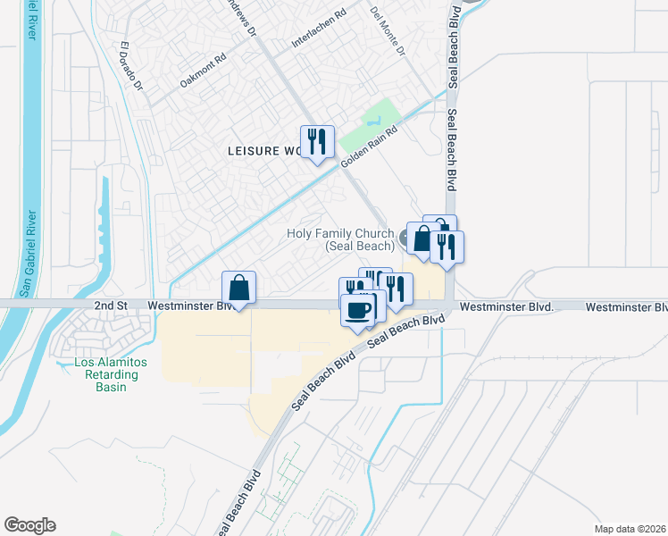 map of restaurants, bars, coffee shops, grocery stores, and more near 1660 Monterey Road in Seal Beach