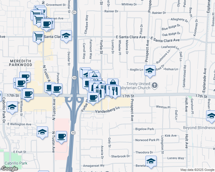 map of restaurants, bars, coffee shops, grocery stores, and more near 13902 Yorba Street in Tustin