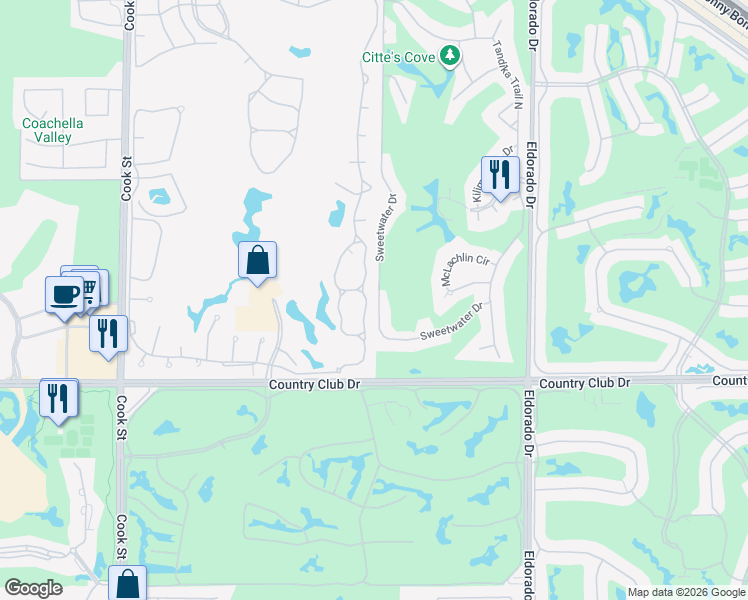 map of restaurants, bars, coffee shops, grocery stores, and more near 164 Desert Falls Drive East in Palm Desert