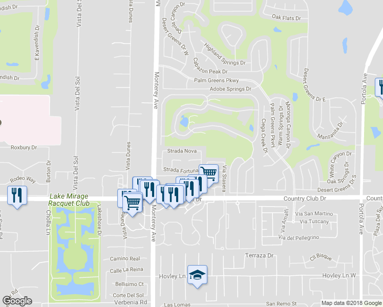 map of restaurants, bars, coffee shops, grocery stores, and more near 269 Strada Nova in Palm Desert