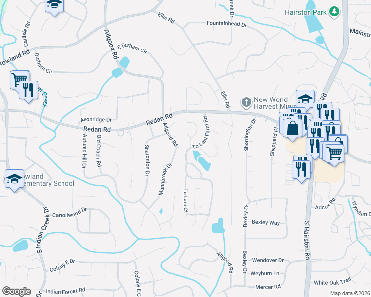 map of restaurants, bars, coffee shops, grocery stores, and more near 1130 Mannbrook Drive in Stone Mountain