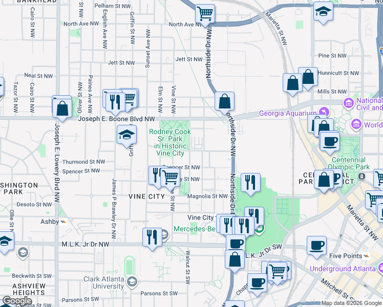 map of restaurants, bars, coffee shops, grocery stores, and more near 218 Walnut Street Northwest in Atlanta