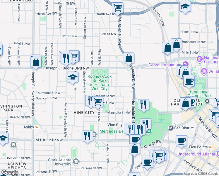 map of restaurants, bars, coffee shops, grocery stores, and more near 214 Walnut Street Northwest in Atlanta
