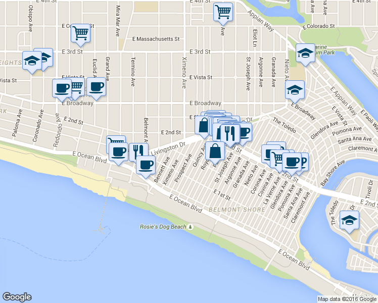 map of restaurants, bars, coffee shops, grocery stores, and more near 149 Prospect Avenue in Long Beach