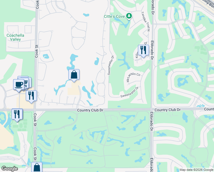 map of restaurants, bars, coffee shops, grocery stores, and more near 153 Desert Falls Drive East in Palm Desert