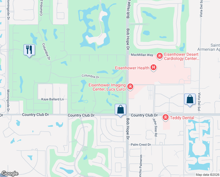 map of restaurants, bars, coffee shops, grocery stores, and more near 9 Lehigh Court in Rancho Mirage