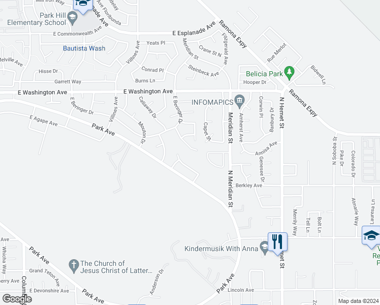 map of restaurants, bars, coffee shops, grocery stores, and more near 2368 Calona Place in San Jacinto