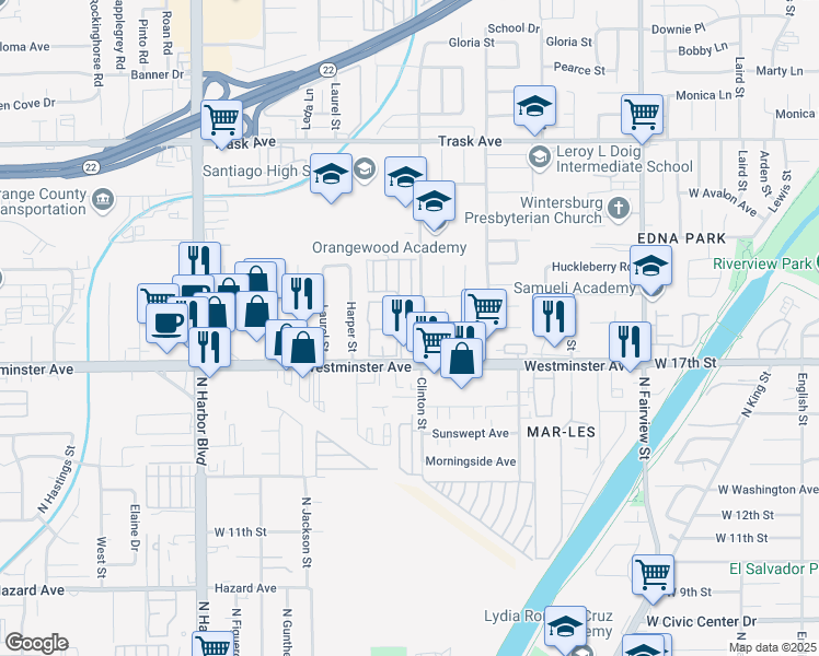 map of restaurants, bars, coffee shops, grocery stores, and more near 12460 Bay Hill Court in Garden Grove