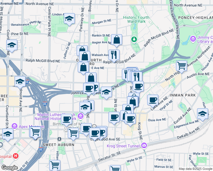 map of restaurants, bars, coffee shops, grocery stores, and more near 544 Bishop Way Northeast in Atlanta