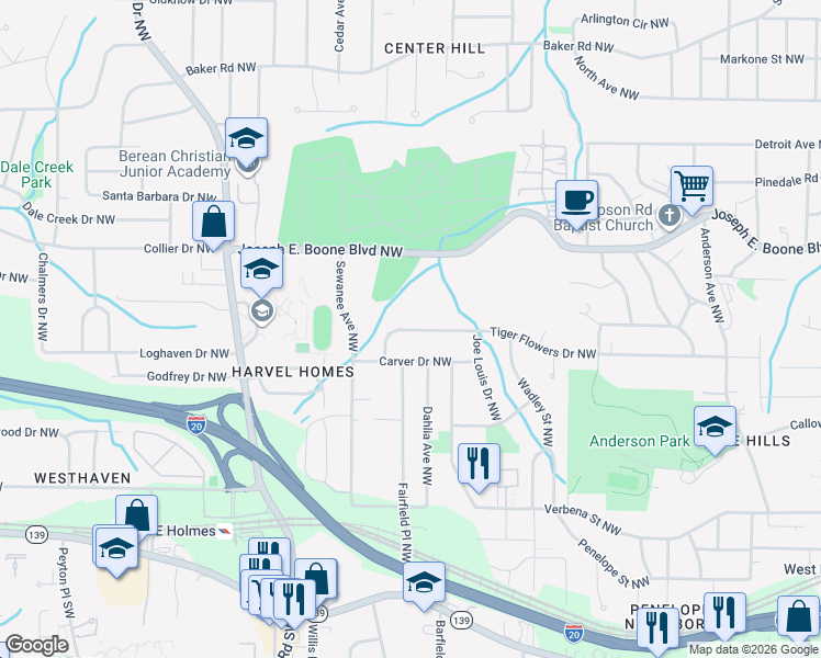 map of restaurants, bars, coffee shops, grocery stores, and more near 2295 Tiger Flowers Drive Northwest in Atlanta