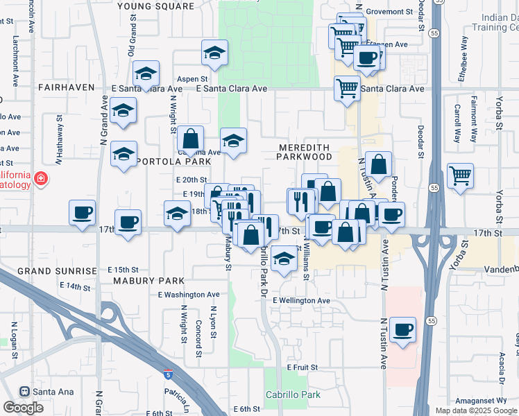 map of restaurants, bars, coffee shops, grocery stores, and more near 1750 Sherry Lane in Santa Ana