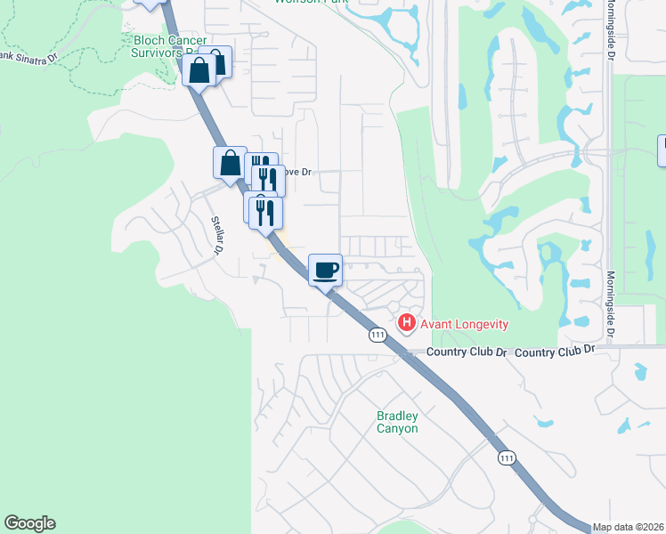 map of restaurants, bars, coffee shops, grocery stores, and more near 69 Ruby Lane in Rancho Mirage