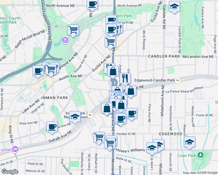 map of restaurants, bars, coffee shops, grocery stores, and more near 1164 Alta Avenue Northeast in Atlanta