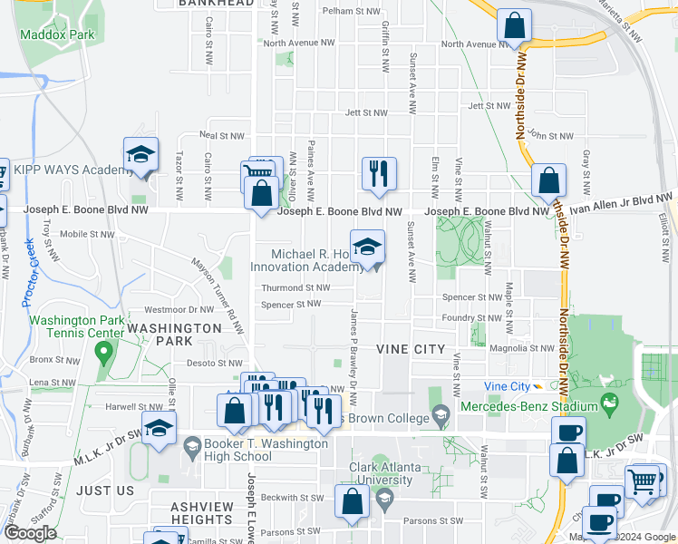 map of restaurants, bars, coffee shops, grocery stores, and more near 794 Chestnut Place Northwest in Atlanta