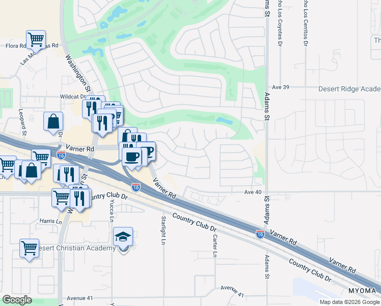 map of restaurants, bars, coffee shops, grocery stores, and more near 78638 Hampshire Avenue in Palm Desert