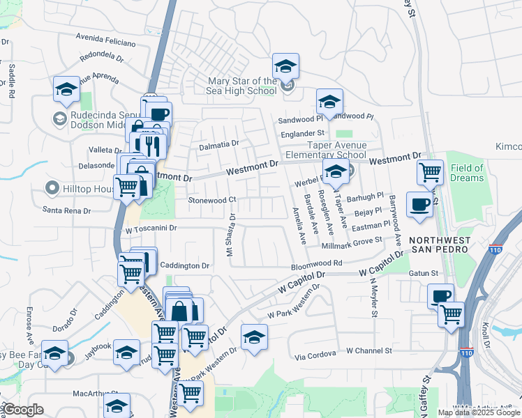 map of restaurants, bars, coffee shops, grocery stores, and more near 1256 Stonewood Court in Los Angeles
