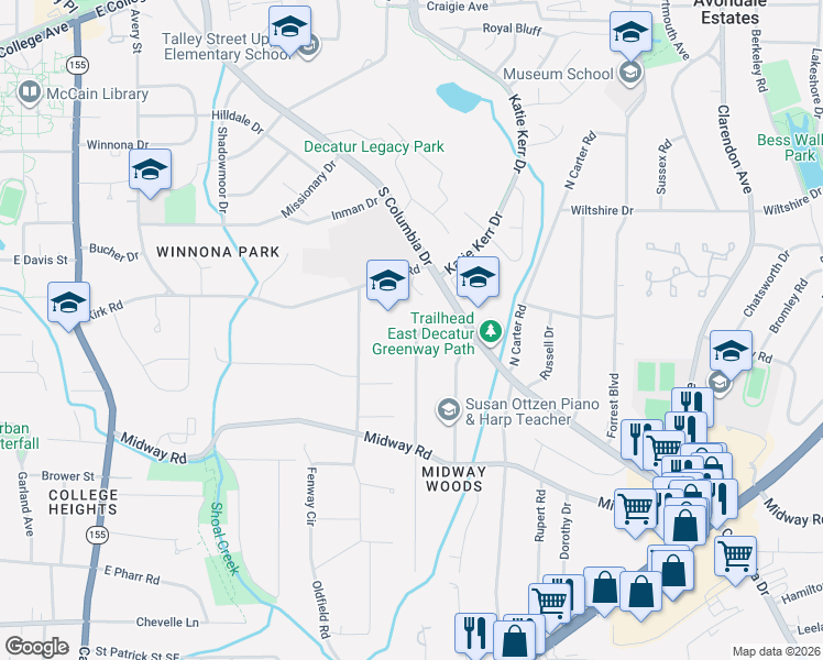 map of restaurants, bars, coffee shops, grocery stores, and more near 1170 Conway Road in Decatur