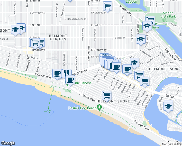 map of restaurants, bars, coffee shops, grocery stores, and more near 149 Prospect Avenue in Long Beach