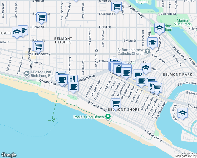 map of restaurants, bars, coffee shops, grocery stores, and more near 149 Prospect Avenue in Long Beach