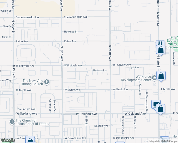 map of restaurants, bars, coffee shops, grocery stores, and more near 1300 West Menlo Avenue in Hemet