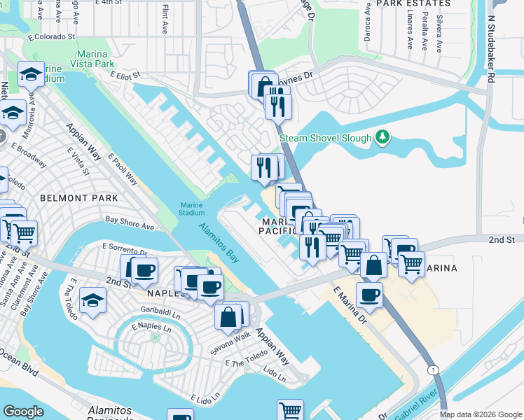 map of restaurants, bars, coffee shops, grocery stores, and more near 5336 Marina Pacifica Drive in Long Beach