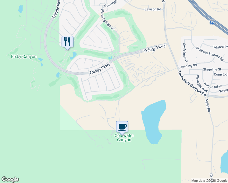 map of restaurants, bars, coffee shops, grocery stores, and more near 9431 Hughes Drive in Corona