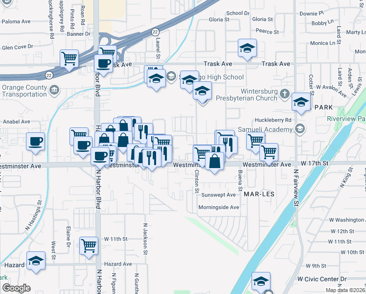 map of restaurants, bars, coffee shops, grocery stores, and more near 13934 Spring Water Court in Garden Grove