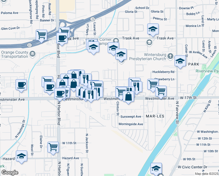 map of restaurants, bars, coffee shops, grocery stores, and more near 13931 Spring Water Court in Garden Grove