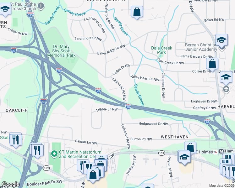 map of restaurants, bars, coffee shops, grocery stores, and more near 194 Linkwood Road Northwest in Atlanta
