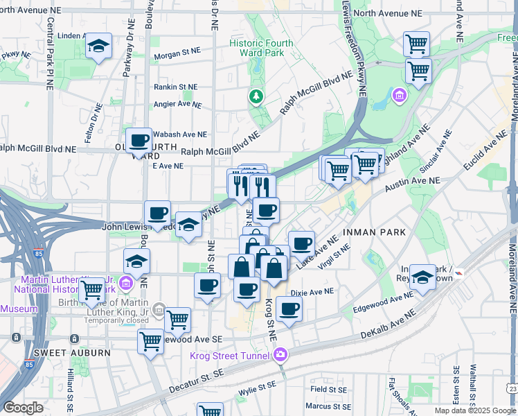 map of restaurants, bars, coffee shops, grocery stores, and more near 701 Highland Avenue Northeast in Atlanta