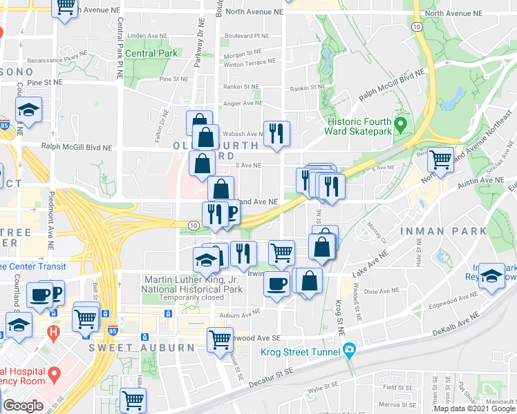 map of restaurants, bars, coffee shops, grocery stores, and more near 549 Highland Avenue Northeast in Atlanta