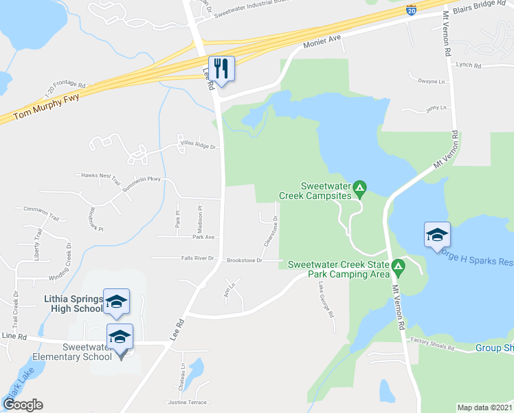 map of restaurants, bars, coffee shops, grocery stores, and more near 2055 Brookstone Court in Lithia Springs