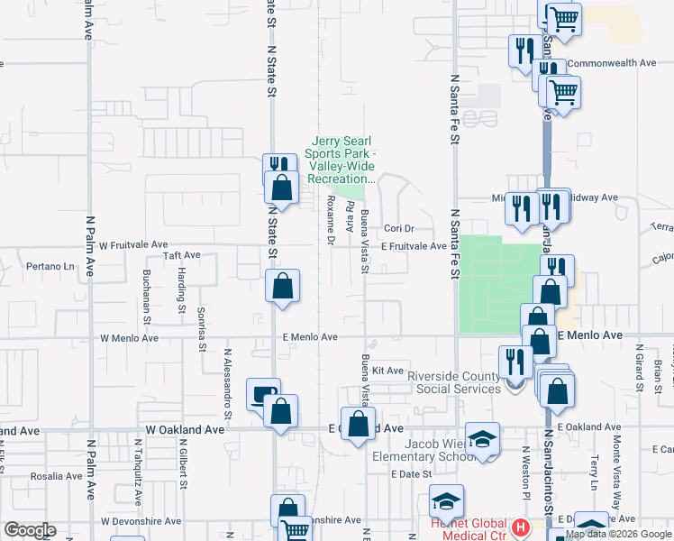 map of restaurants, bars, coffee shops, grocery stores, and more near 842 Roxanne Drive in Hemet
