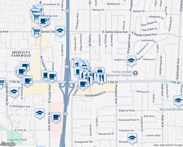 map of restaurants, bars, coffee shops, grocery stores, and more near in Tustin