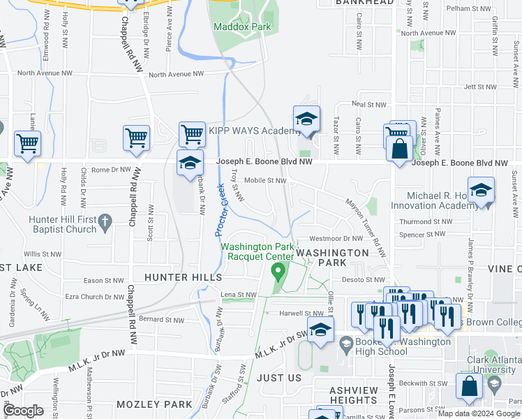 map of restaurants, bars, coffee shops, grocery stores, and more near 199 Troy Street Northwest in Atlanta