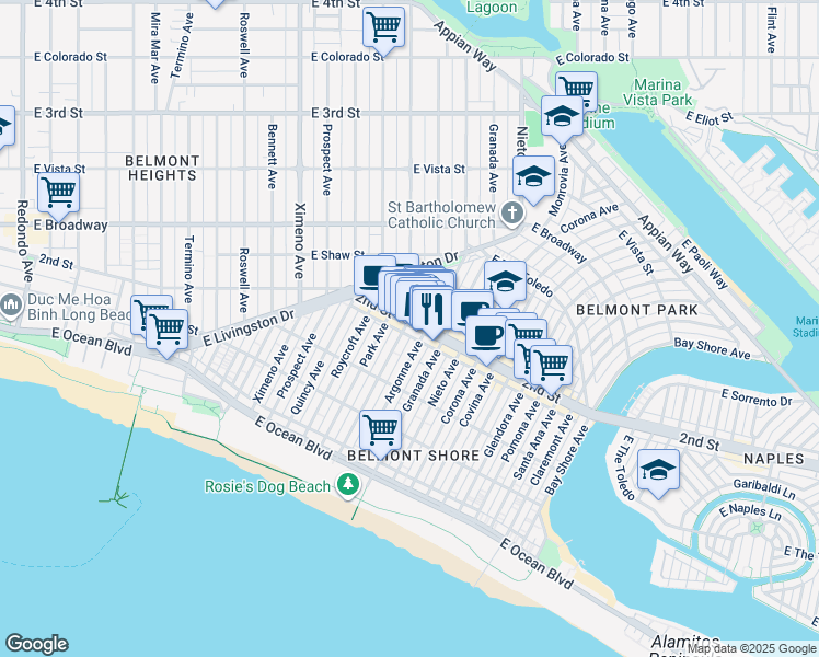 map of restaurants, bars, coffee shops, grocery stores, and more near 4902 2nd Street in Long Beach