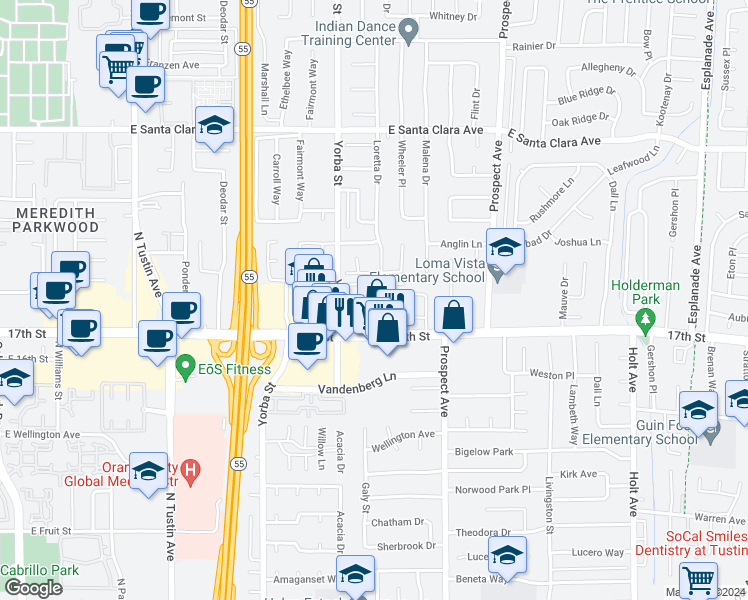map of restaurants, bars, coffee shops, grocery stores, and more near 17621 17th Street in Tustin
